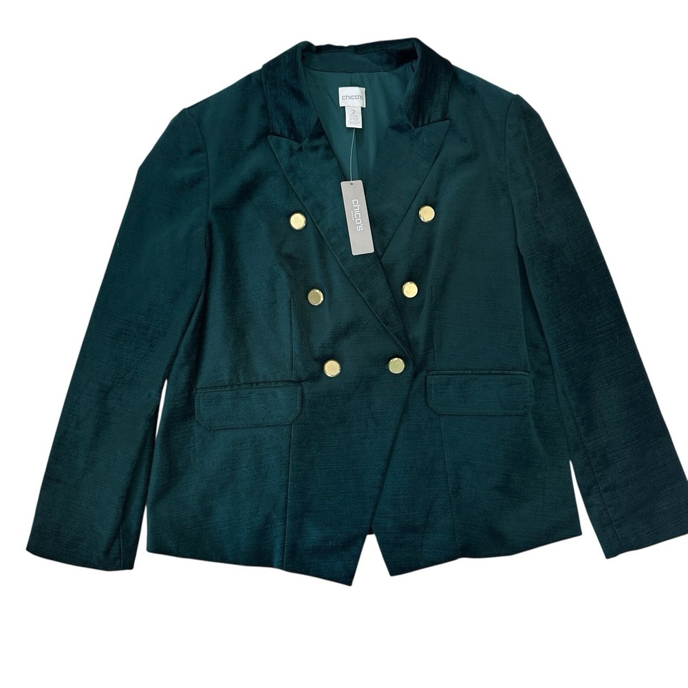 Chico's Velveteen Blazer in Swiss Pine Green Velvet Burnout‎ Size 2 Large NWT